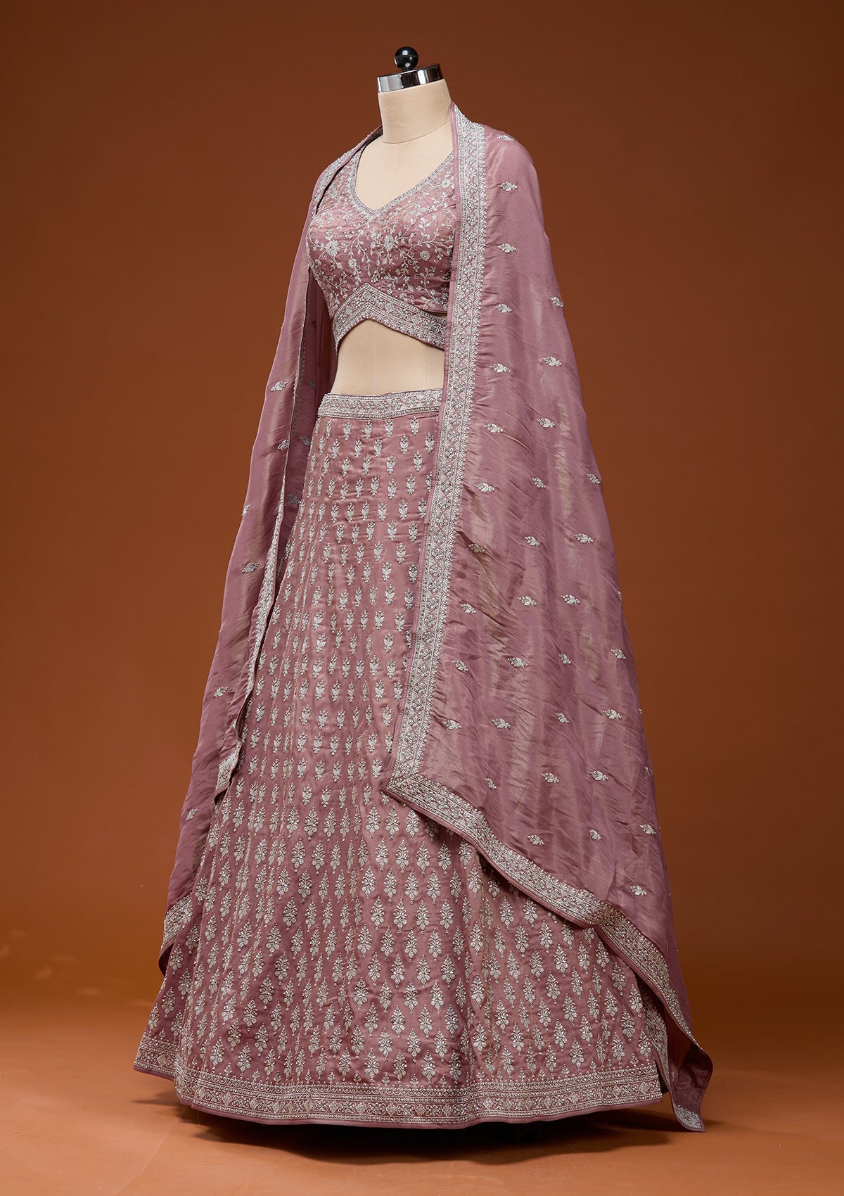 Brown Zariwork (Silver) Semi Crepe Readymade Lehenga_Koskii