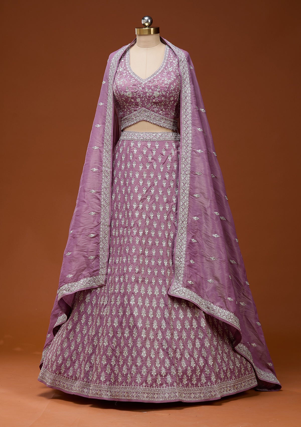 Onion Pink Zariwork (Silver) Semi Crepe Readymade Lehenga_Koskii