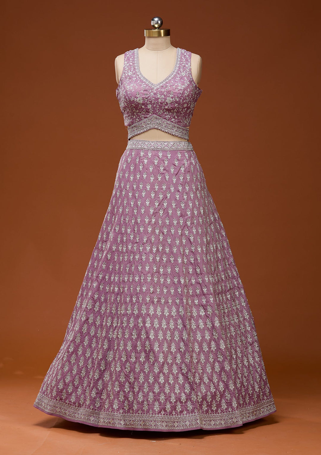 Onion Pink Zariwork (Silver) Semi Crepe Readymade Lehenga_Koskii