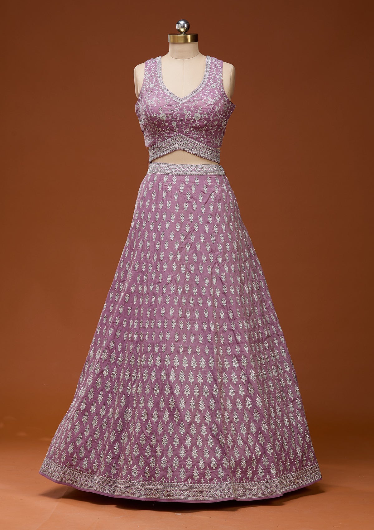 Onion Pink Zariwork (Silver) Semi Crepe Readymade Lehenga_Koskii