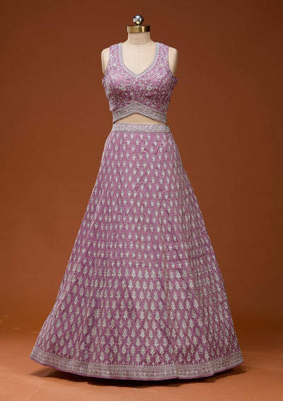 Onion Pink Zariwork (Silver) Semi Crepe Readymade Lehenga_Koskii