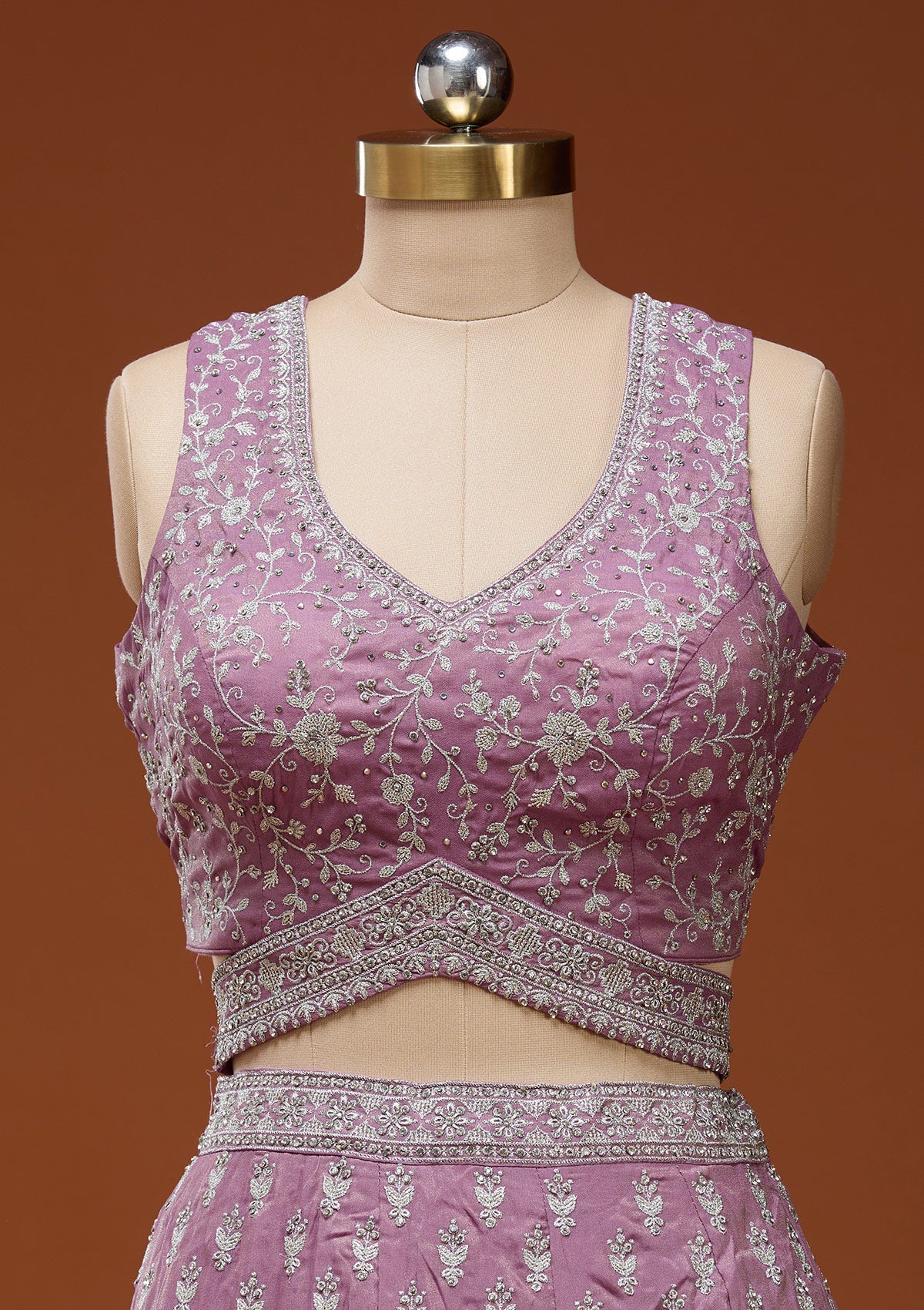 Onion Pink Zariwork (Silver) Semi Crepe Readymade Lehenga_Koskii