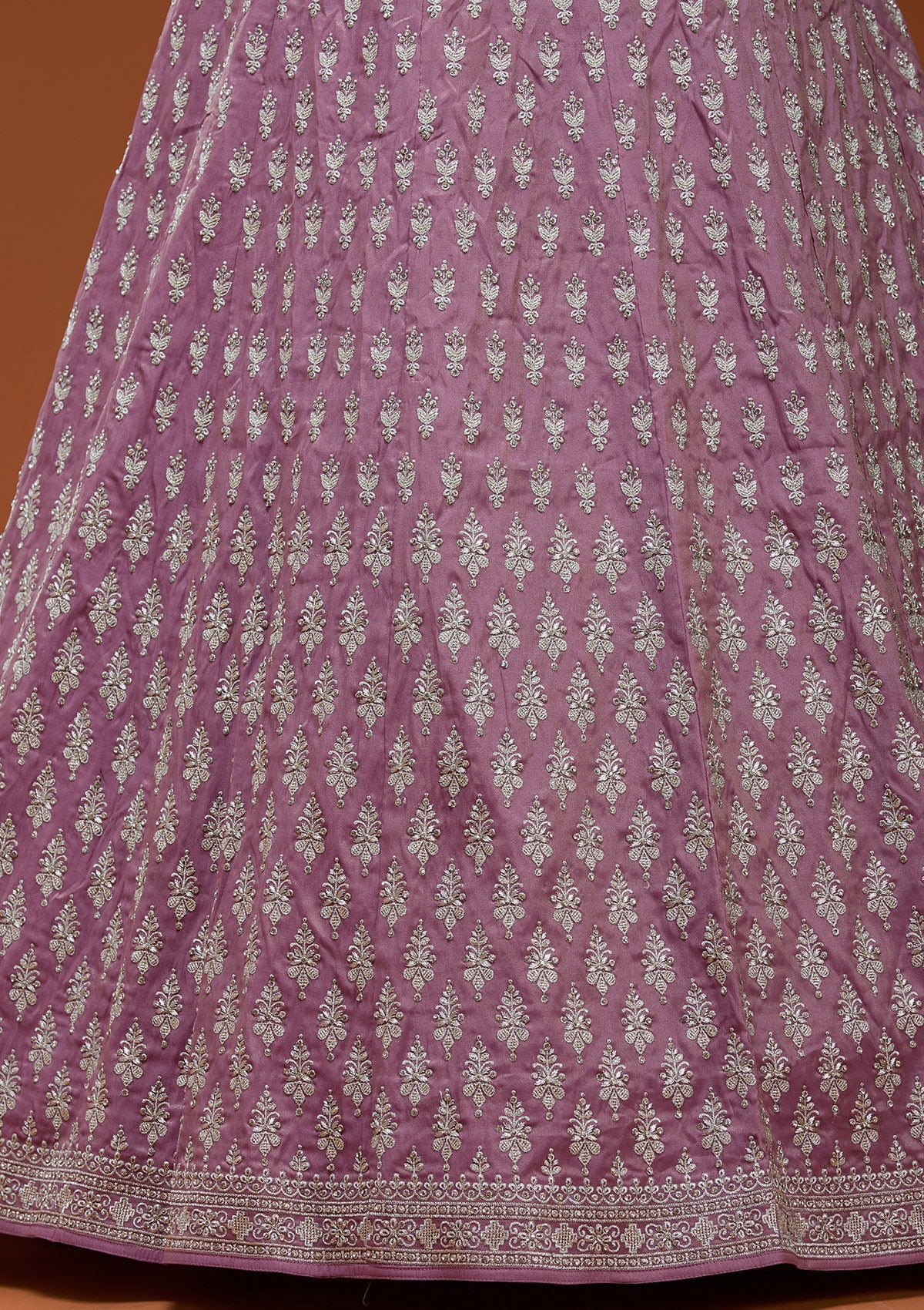 Onion Pink Zariwork (Silver) Semi Crepe Readymade Lehenga_Koskii
