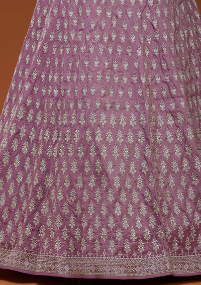 Onion Pink Zariwork (Silver) Semi Crepe Readymade Lehenga_Koskii