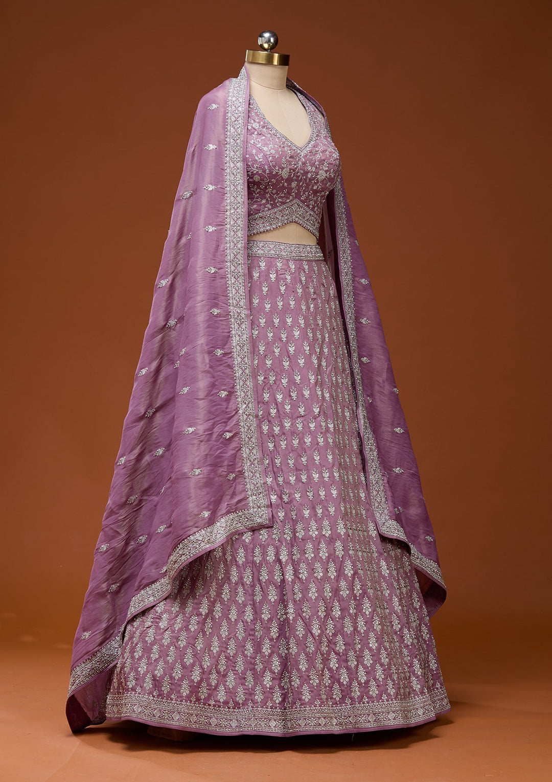 Onion Pink Zariwork (Silver) Semi Crepe Readymade Lehenga_Koskii