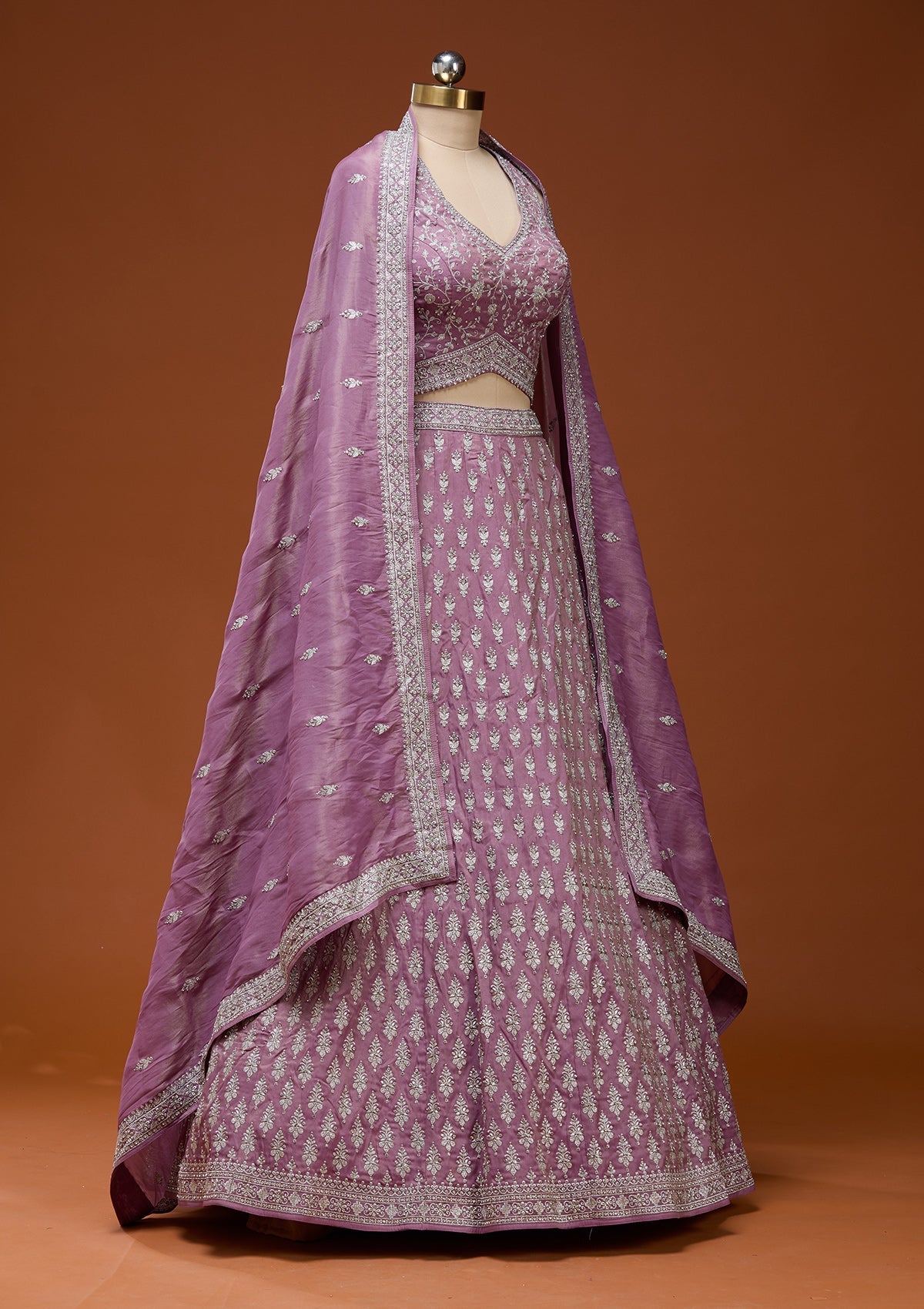 Onion Pink Zariwork (Silver) Semi Crepe Readymade Lehenga_Koskii