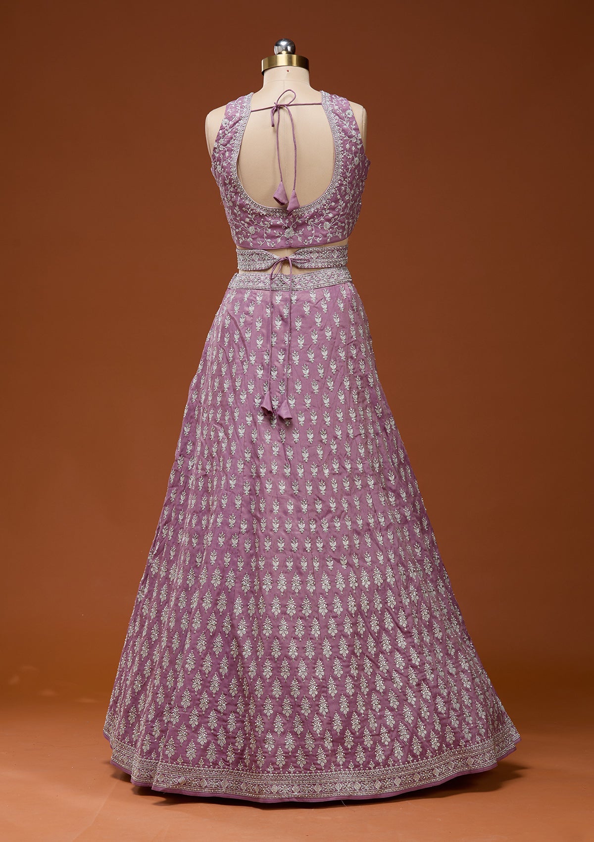 Onion Pink Zariwork (Silver) Semi Crepe Readymade Lehenga_Koskii