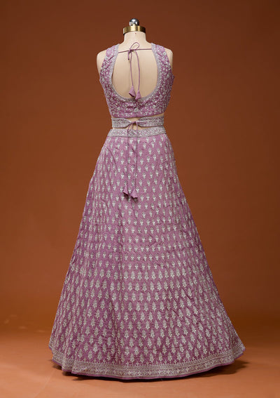 Onion Pink Zariwork (Silver) Semi Crepe Readymade Lehenga_Koskii