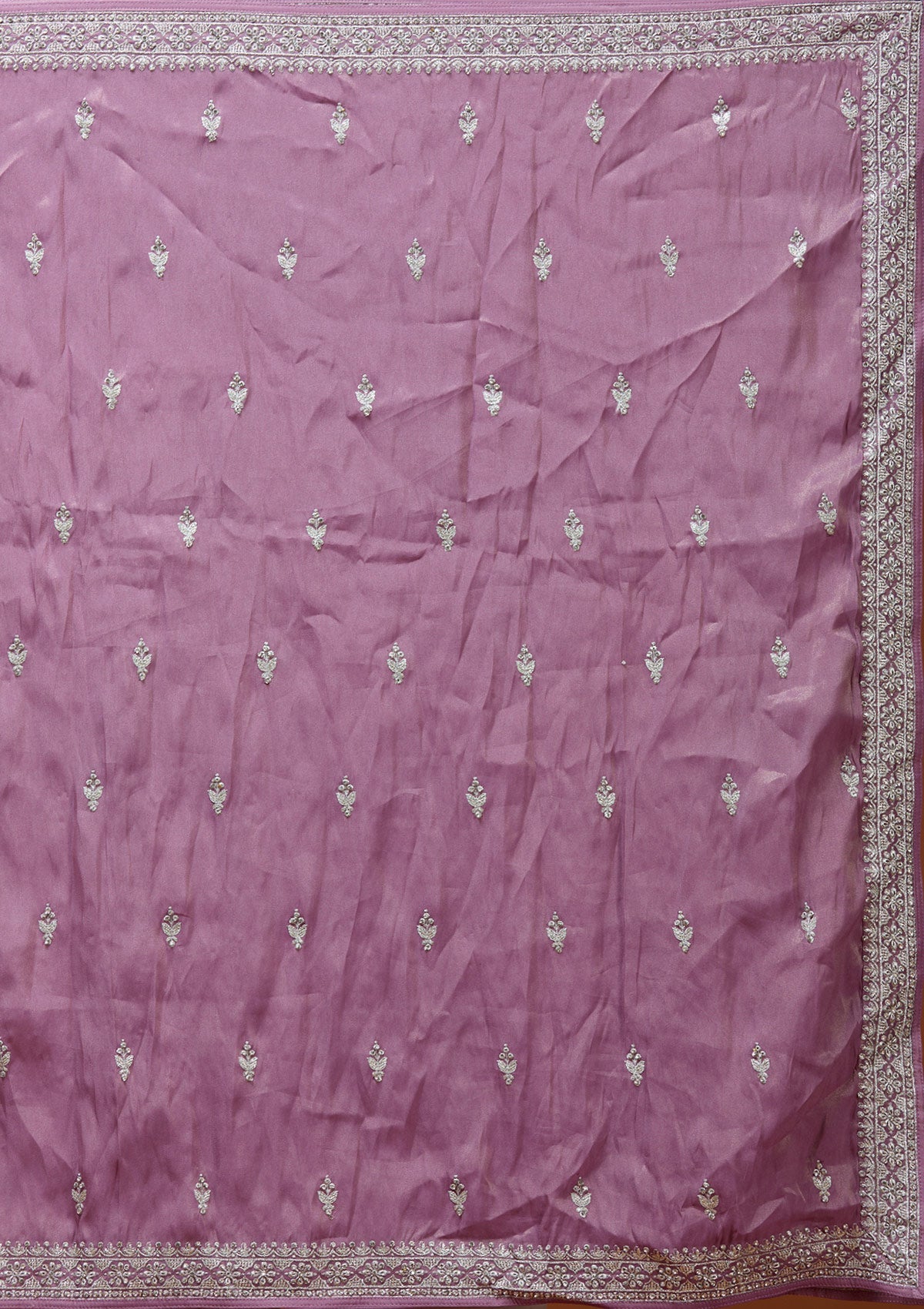 Onion Pink Zariwork (Silver) Semi Crepe Readymade Lehenga_Koskii