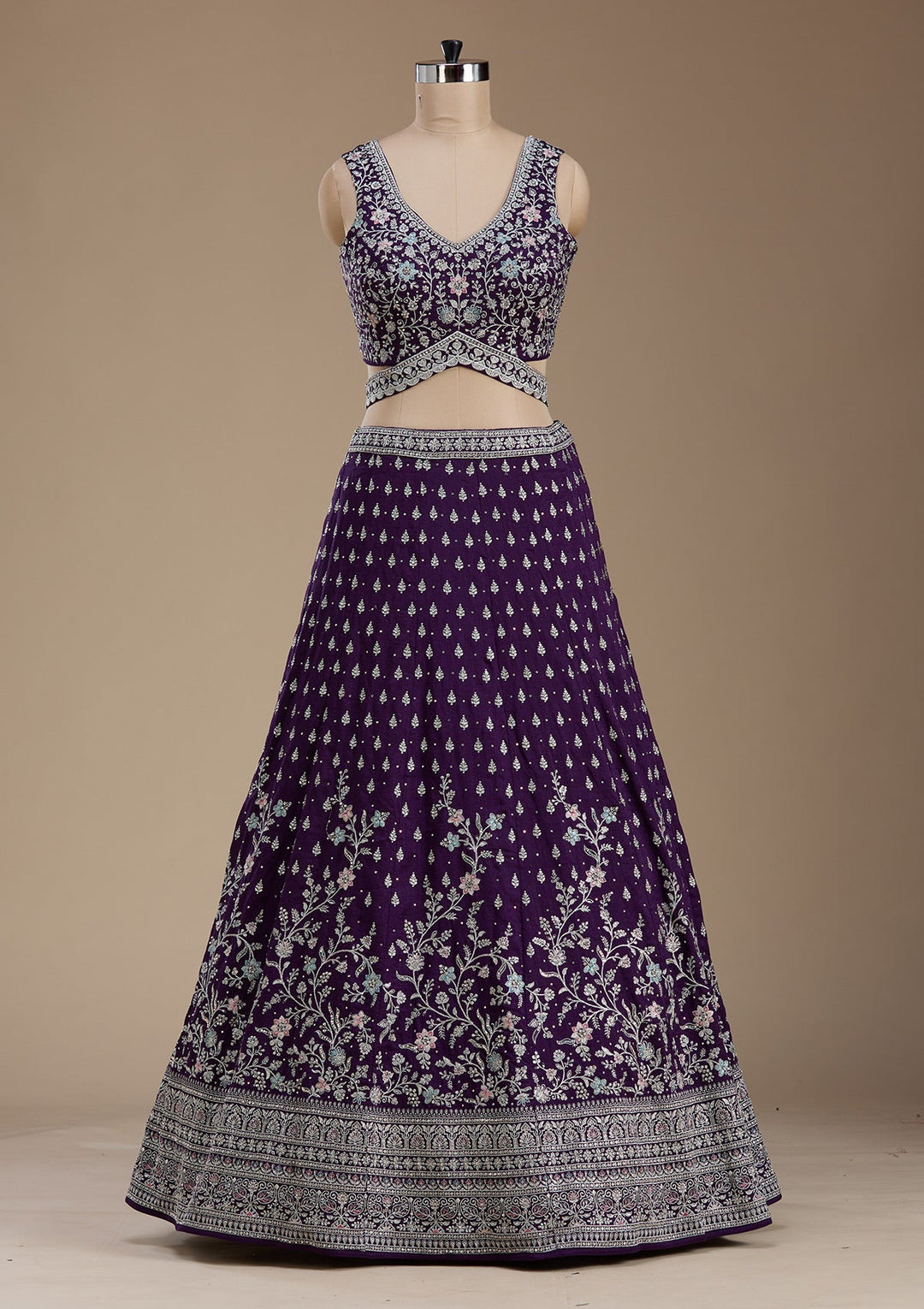 Purple Zariwork (Silver) Soft Raw Silk Readymade Lehenga