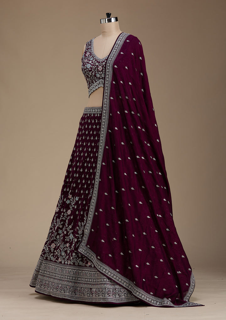 Wine Zariwork (Silver) Soft Raw Silk Readymade Lehenga