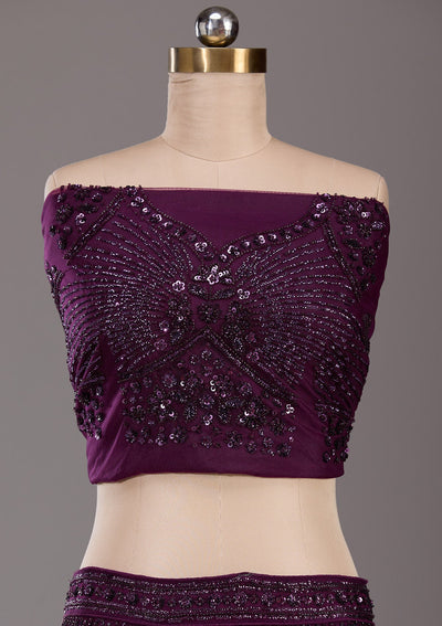 Wine Sequins Net Readymade Lehenga-Koskii