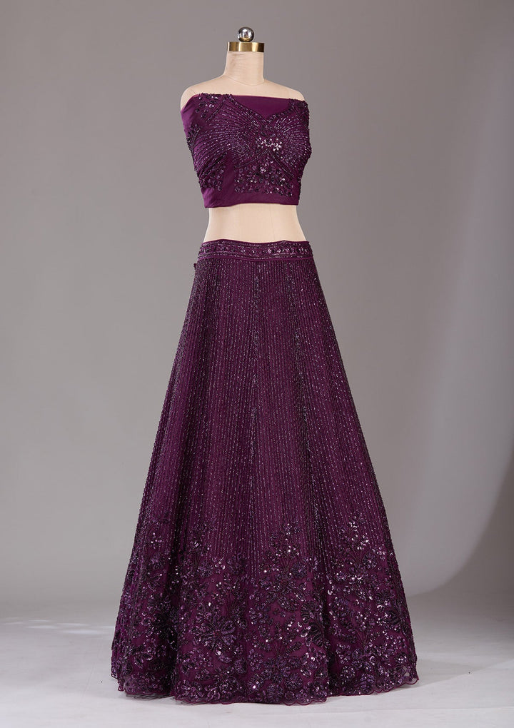 Wine Sequins Net Readymade Lehenga-Koskii