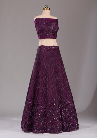 Wine Sequins Net Readymade Lehenga-Koskii