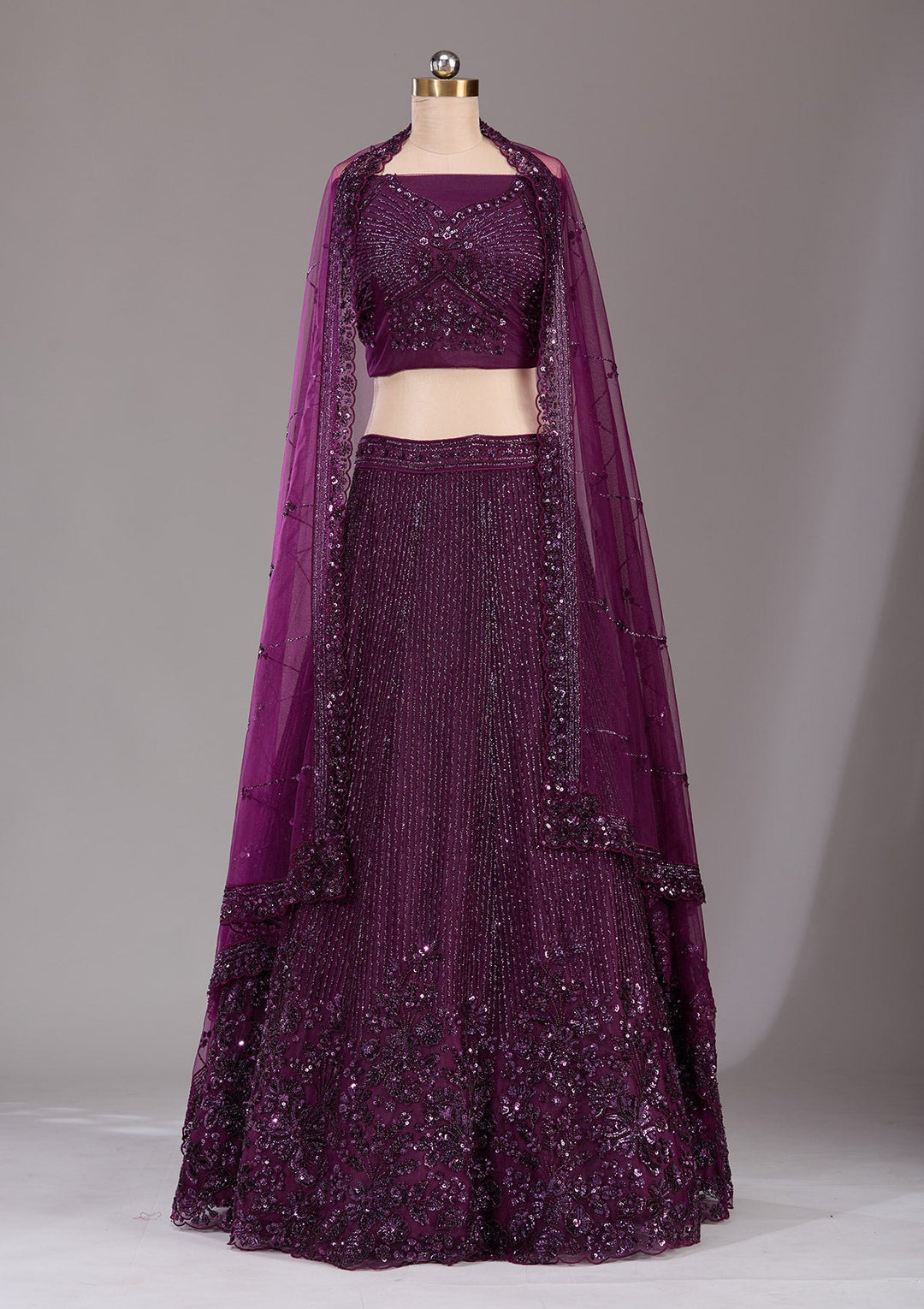 Wine Sequins Net Readymade Lehenga-Koskii