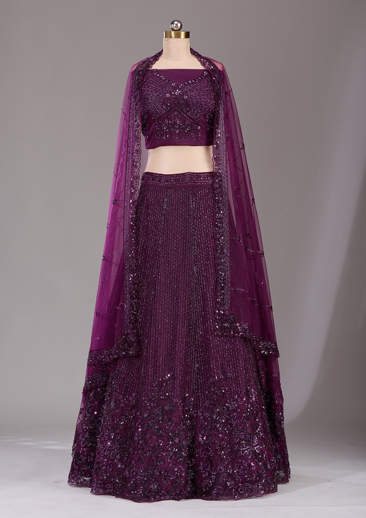 Wine Sequins Net Readymade Lehenga-Koskii