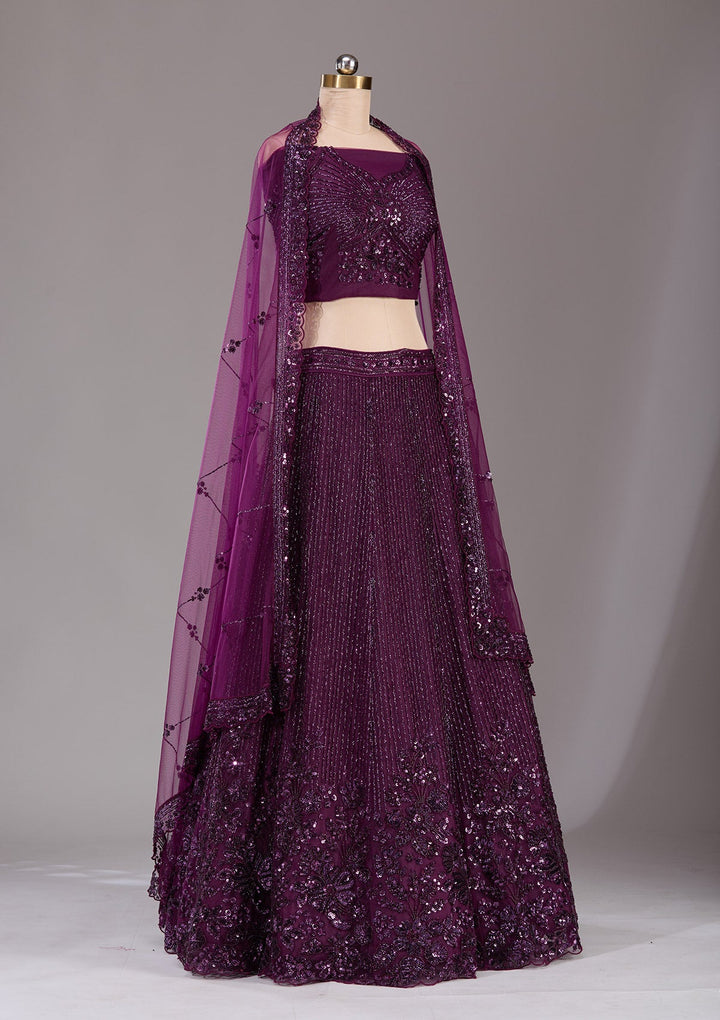 Wine Sequins Net Readymade Lehenga-Koskii
