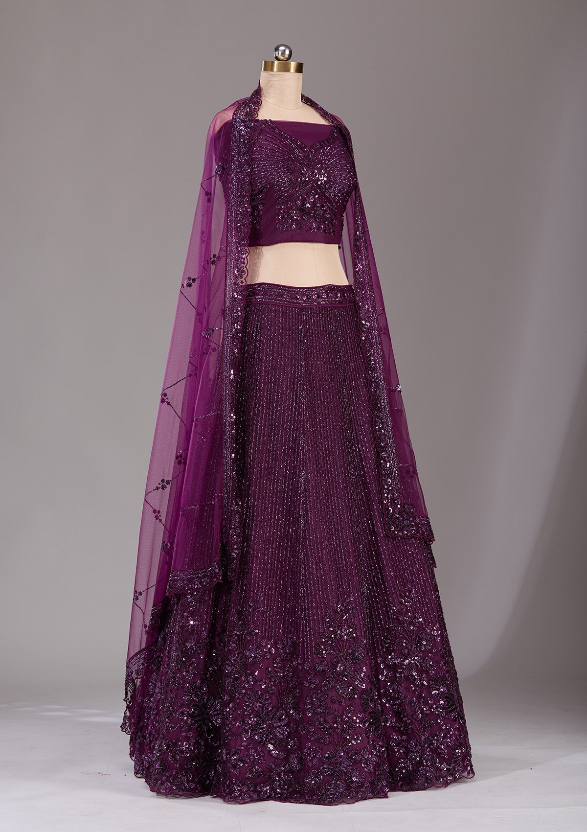 Wine Sequins Net Readymade Lehenga-Koskii