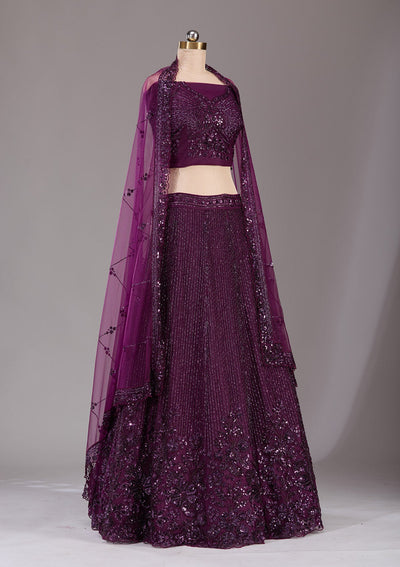 Wine Sequins Net Readymade Lehenga-Koskii