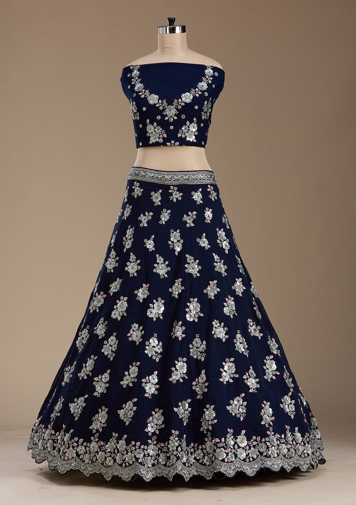 Navy Blue Sequins Georgette Semi-Stitched Lehenga-koskii