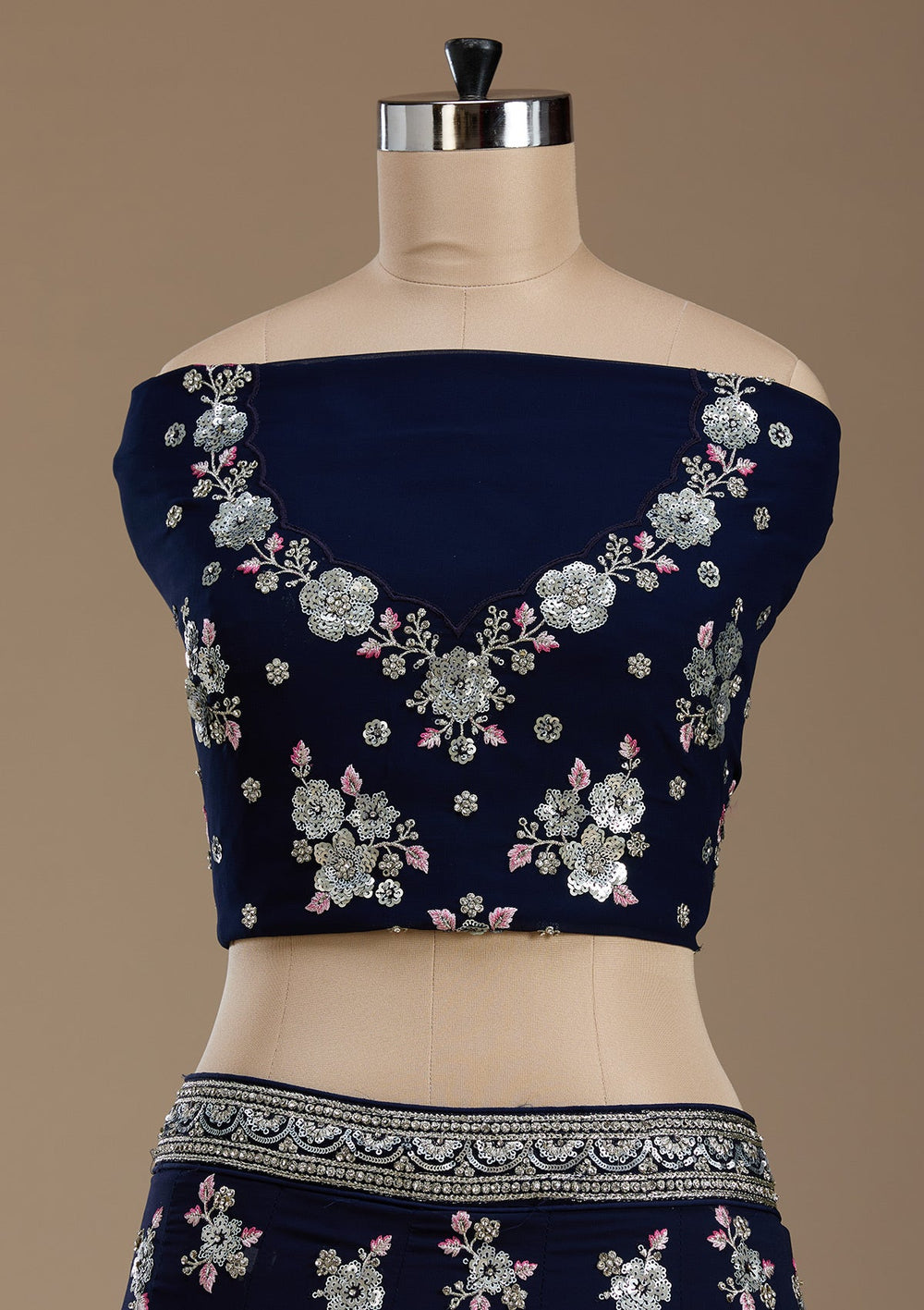 Navy Blue Sequins Georgette Semi-Stitched Lehenga-koskii