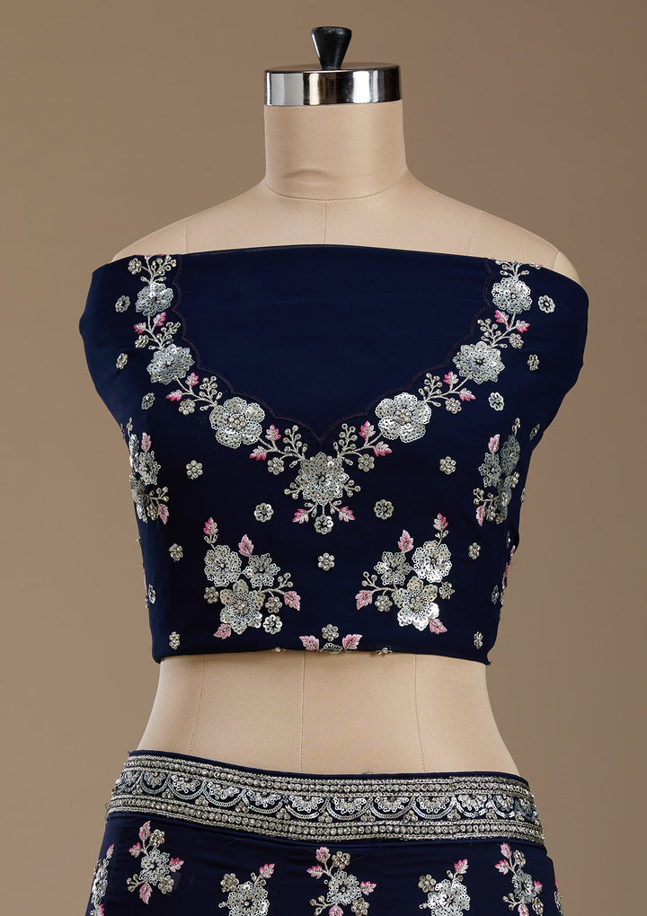 Navy Blue Sequins Georgette Semi-Stitched Lehenga-koskii