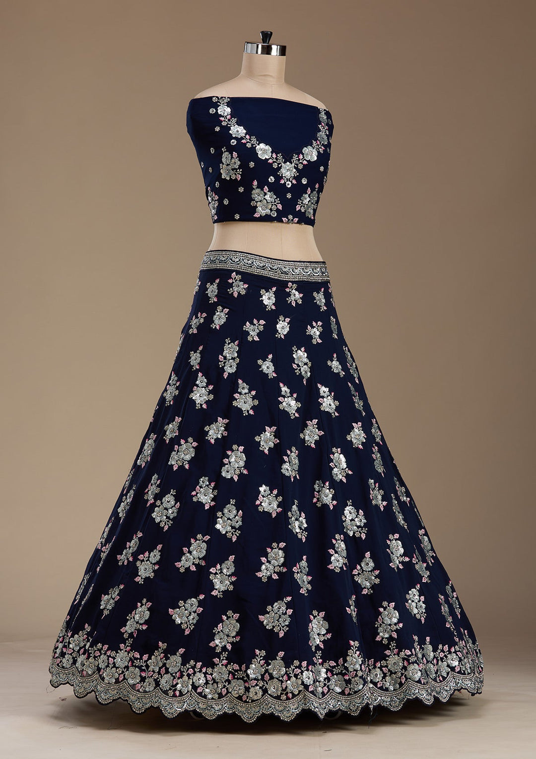 Navy Blue Sequins Georgette Semi-Stitched Lehenga-koskii