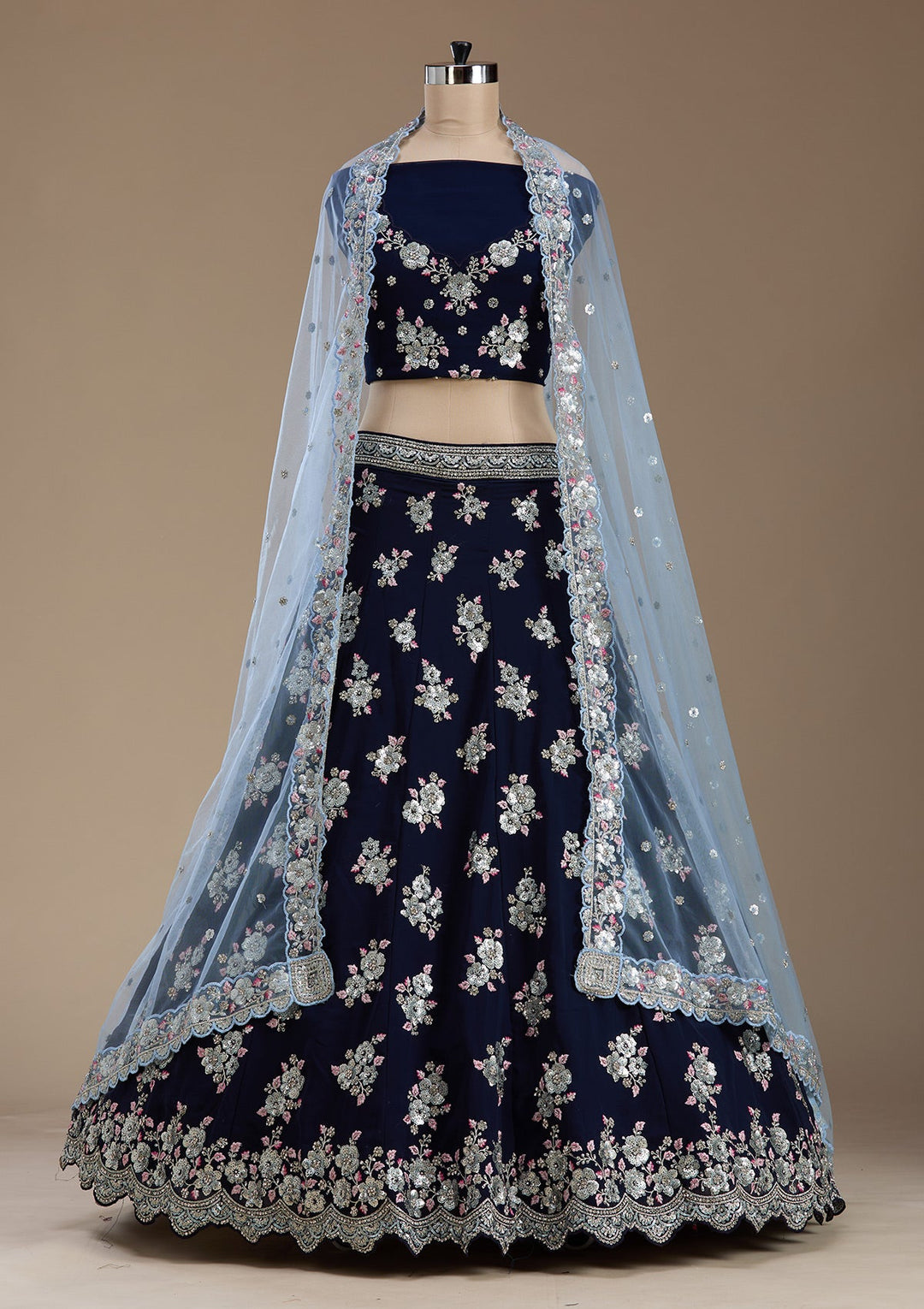 Navy Blue Sequins Georgette Semi-Stitched Lehenga-koskii