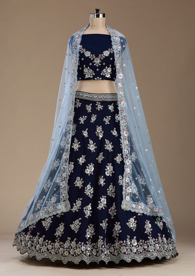 Navy Blue Sequins Georgette Semi-Stitched Lehenga-koskii