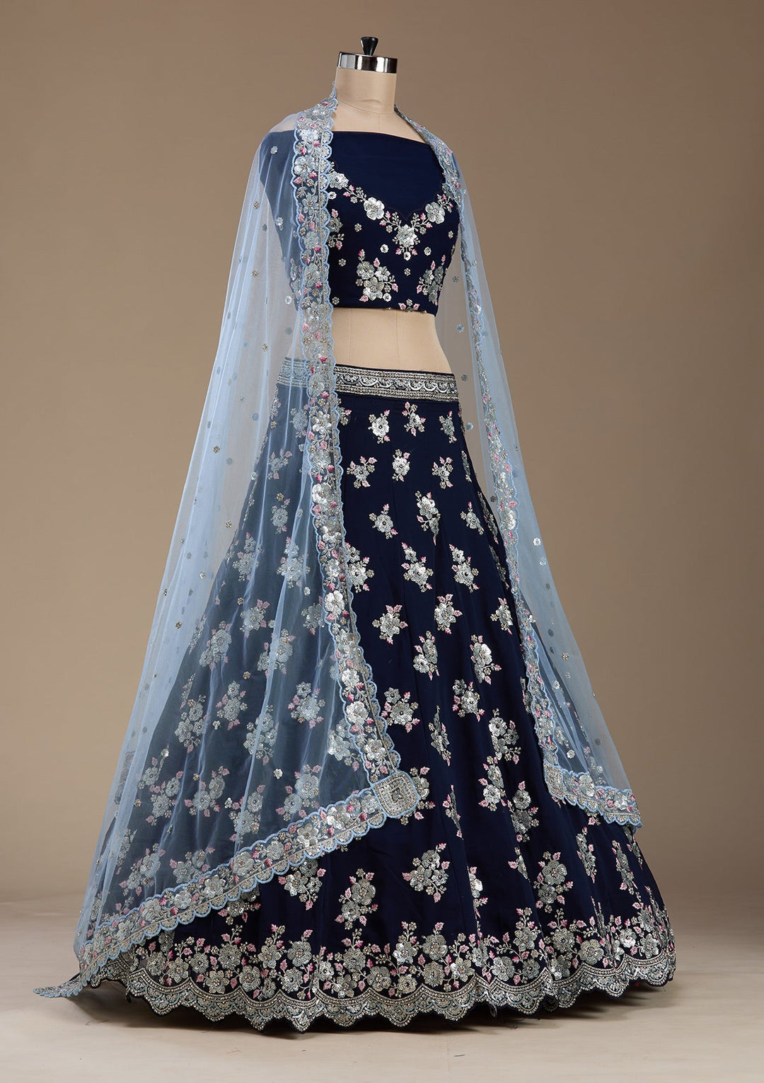 Navy Blue Sequins Georgette Semi-Stitched Lehenga-koskii