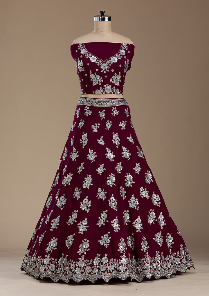 Wine Sequins Georgette Semi-Stitched Lehenga-koskii
