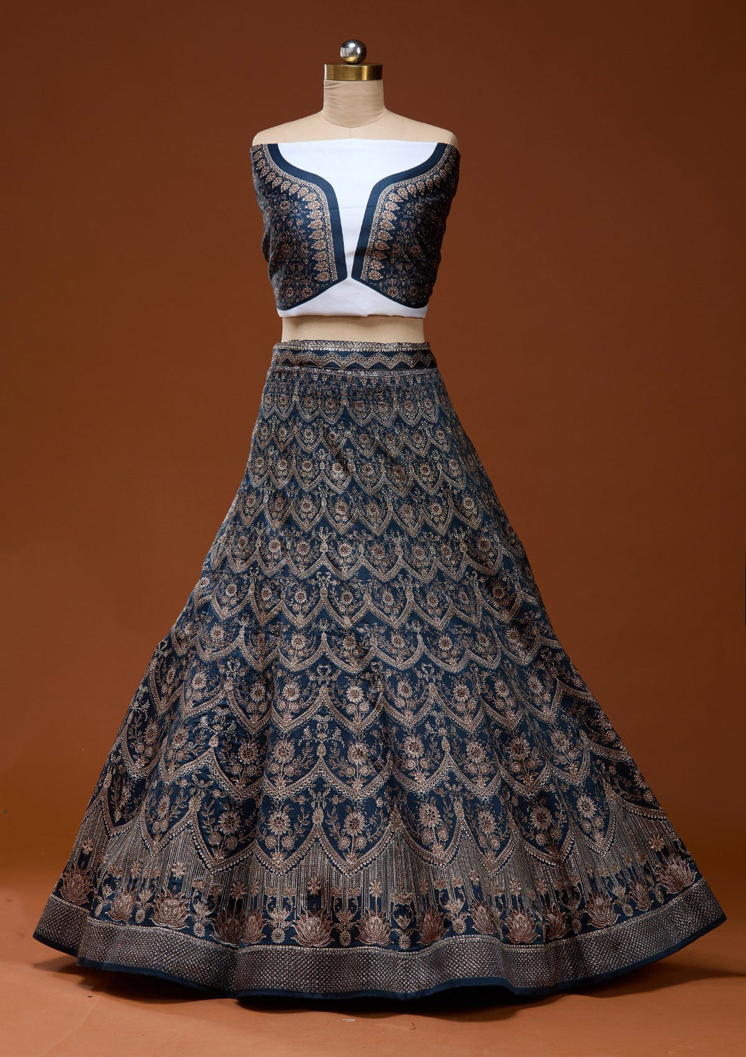 Navy Blue Stonework Satin Readymade Lehenga