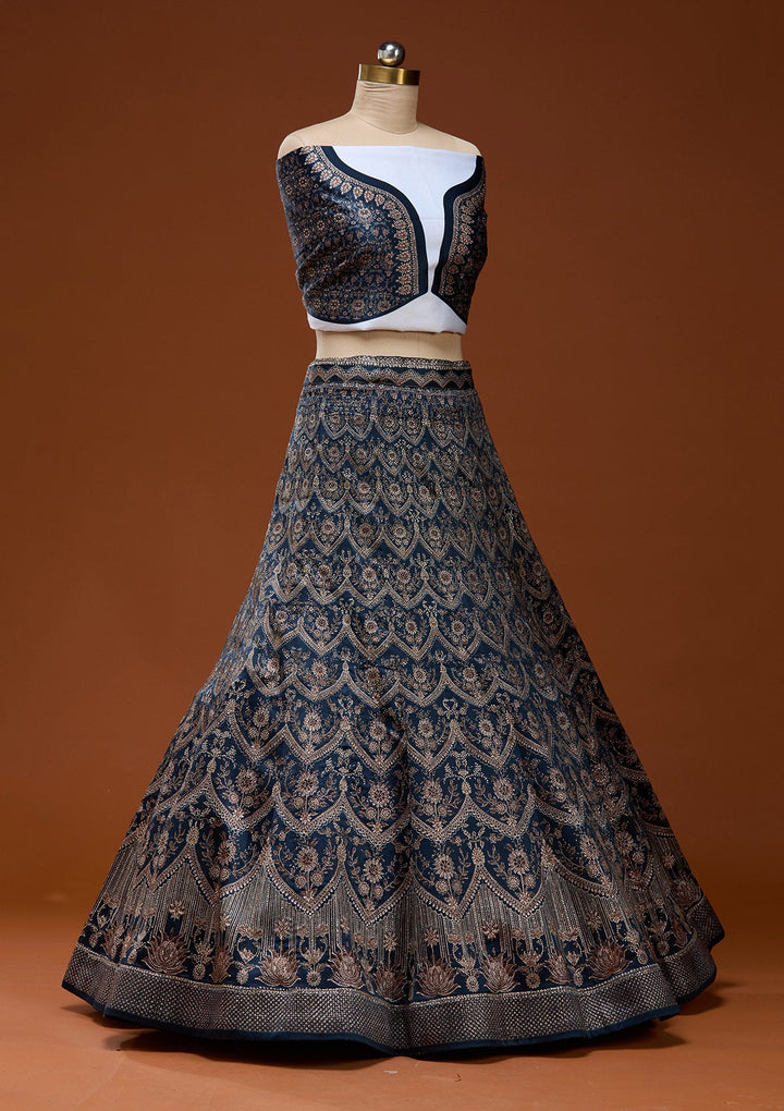 Navy Blue Stonework Satin Readymade Lehenga