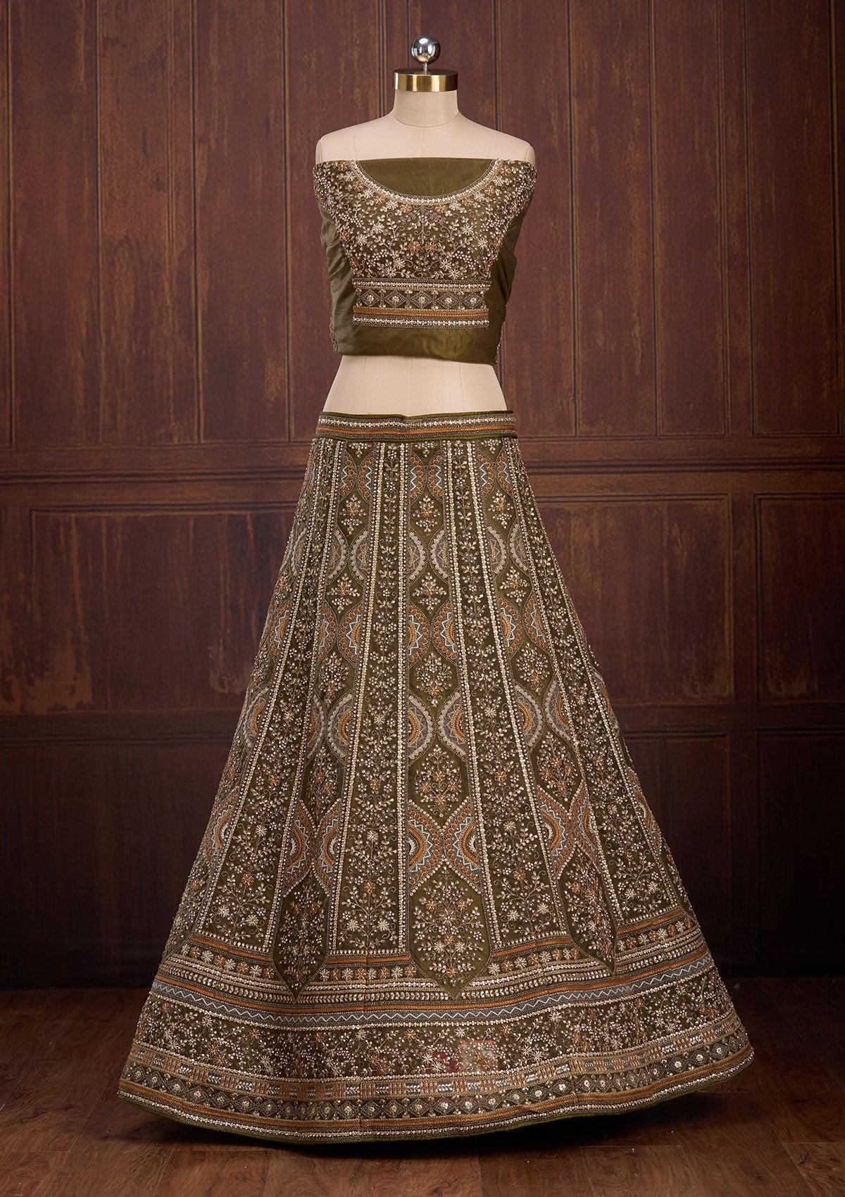Mehendi Cording Net Readymade Lehenga-Koskii