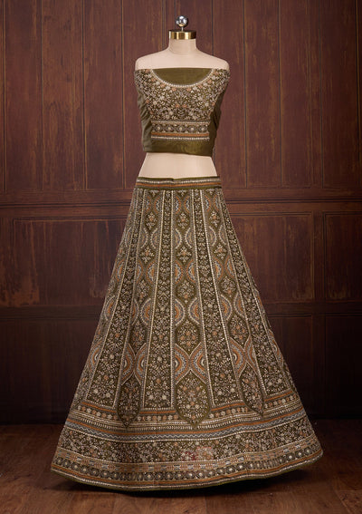 Mehendi Cording Net Readymade Lehenga-Koskii
