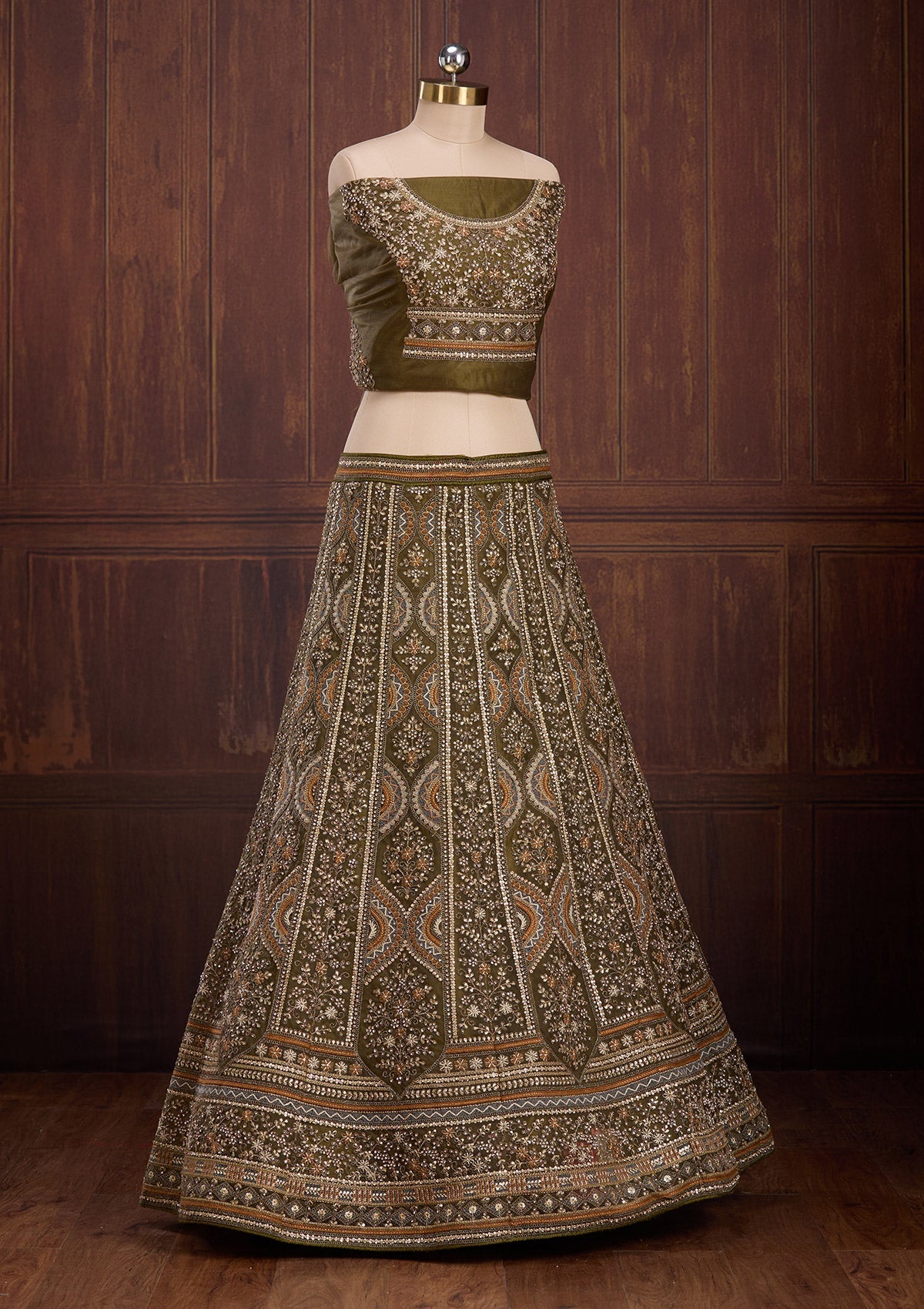 Mehendi Cording Net Readymade Lehenga-Koskii