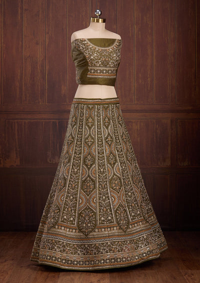 Mehendi Cording Net Readymade Lehenga-Koskii
