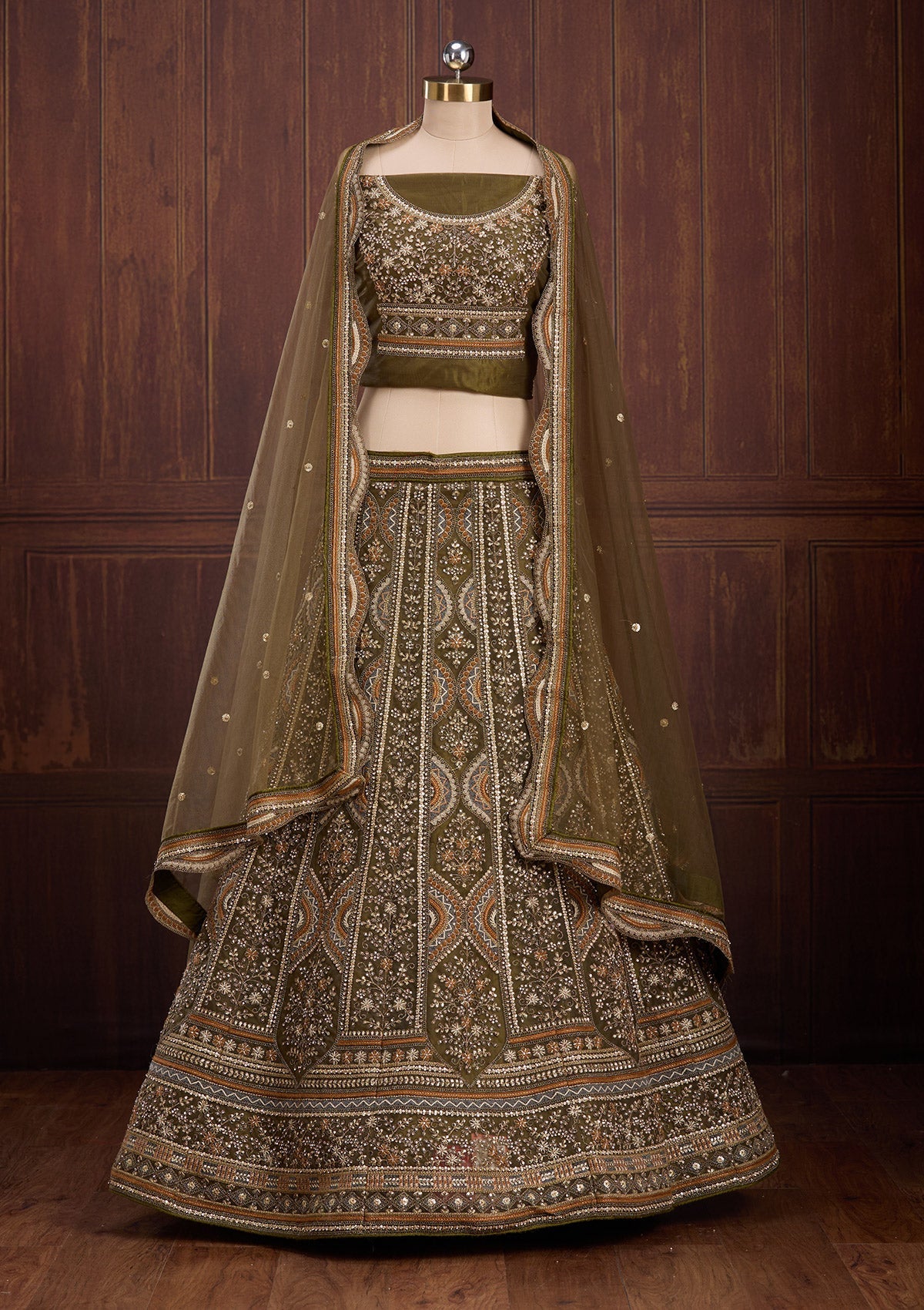 Mehendi Cording Net Readymade Lehenga-Koskii
