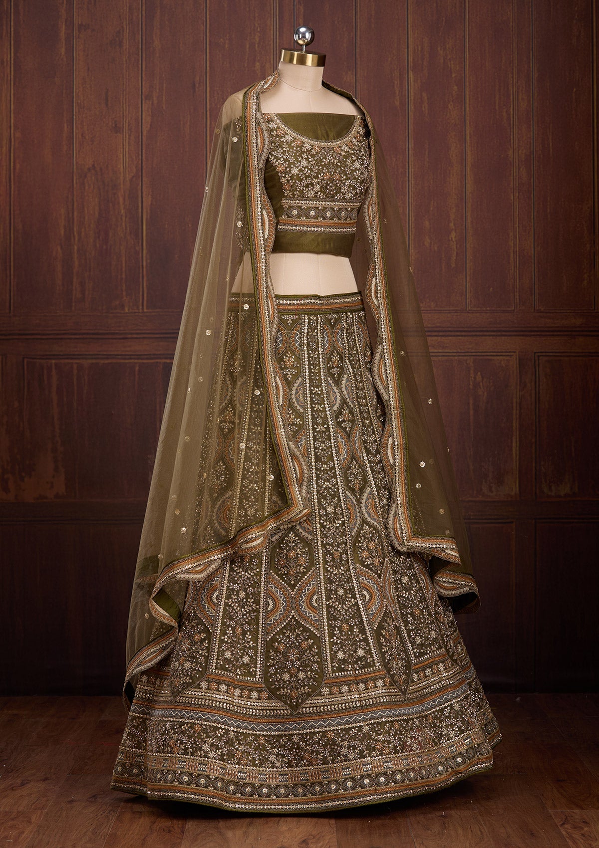 Mehendi Cording Net Readymade Lehenga-Koskii