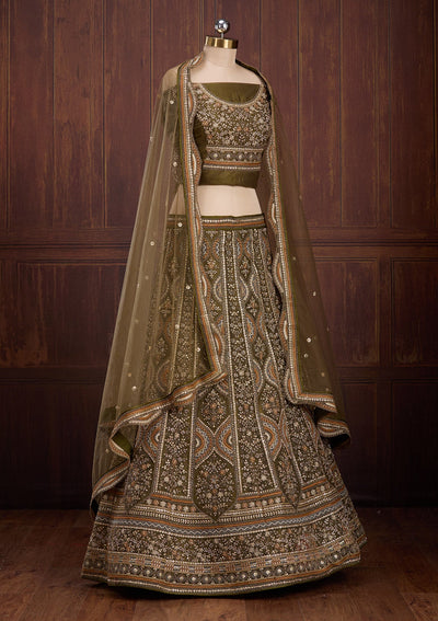 Mehendi Cording Net Readymade Lehenga-Koskii