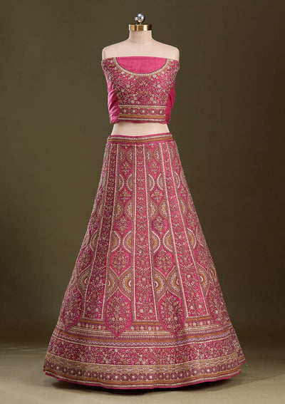 Onion Pink Cording Net Readymade Lehenga-Koskii