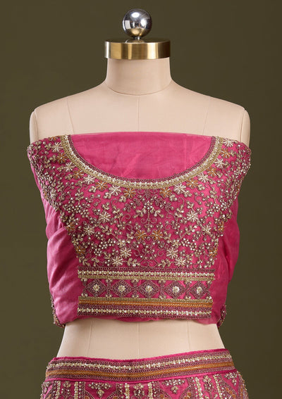 Onion Pink Cording Net Readymade Lehenga-Koskii