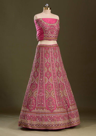 Onion Pink Cording Net Readymade Lehenga-Koskii