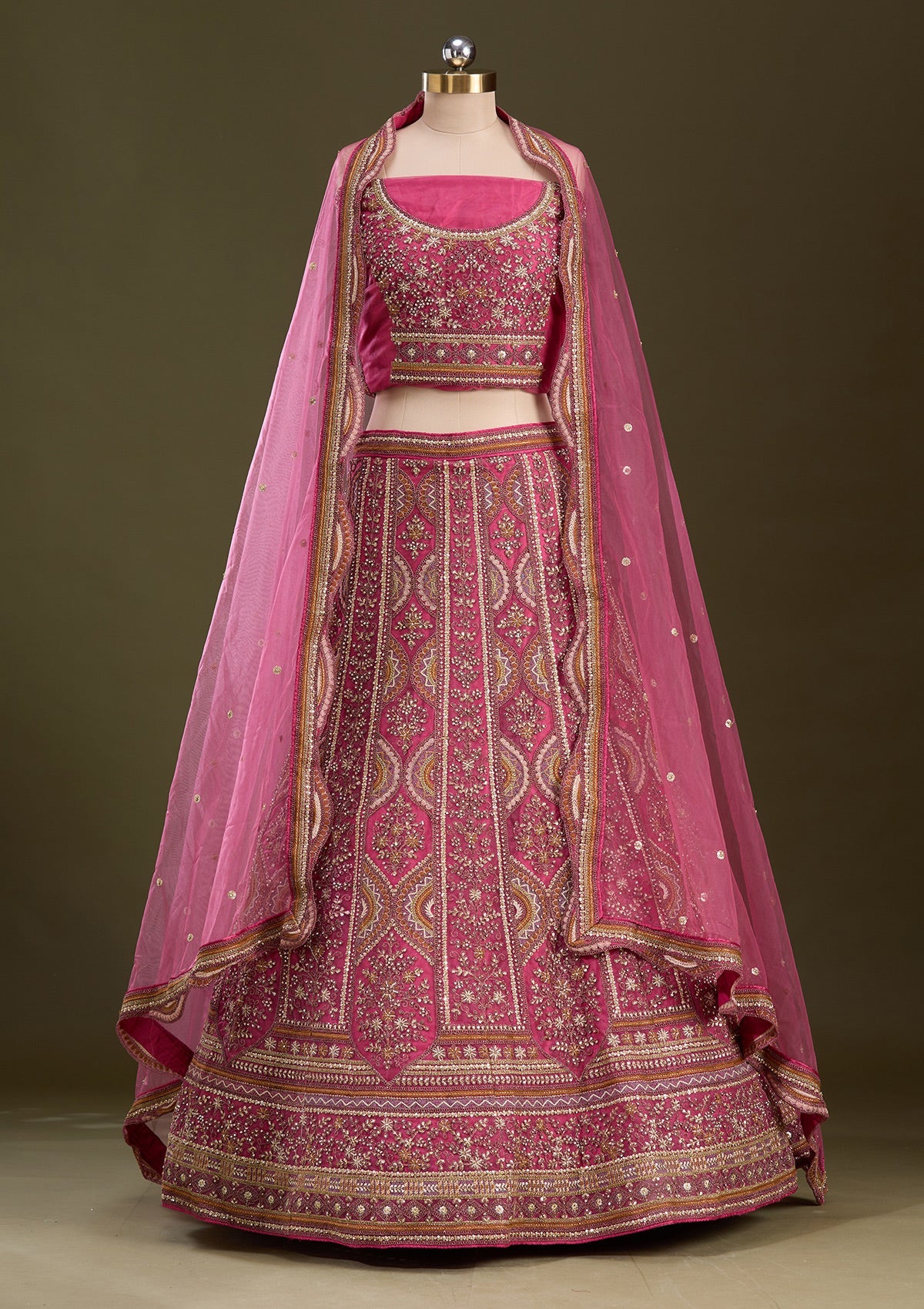 Onion Pink Cording Net Readymade Lehenga-Koskii