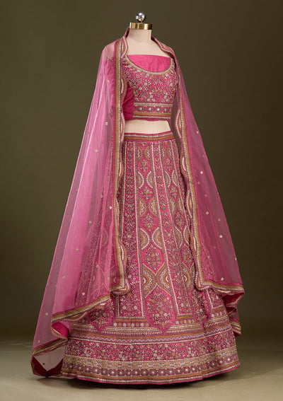 Onion Pink Cording Net Readymade Lehenga-Koskii