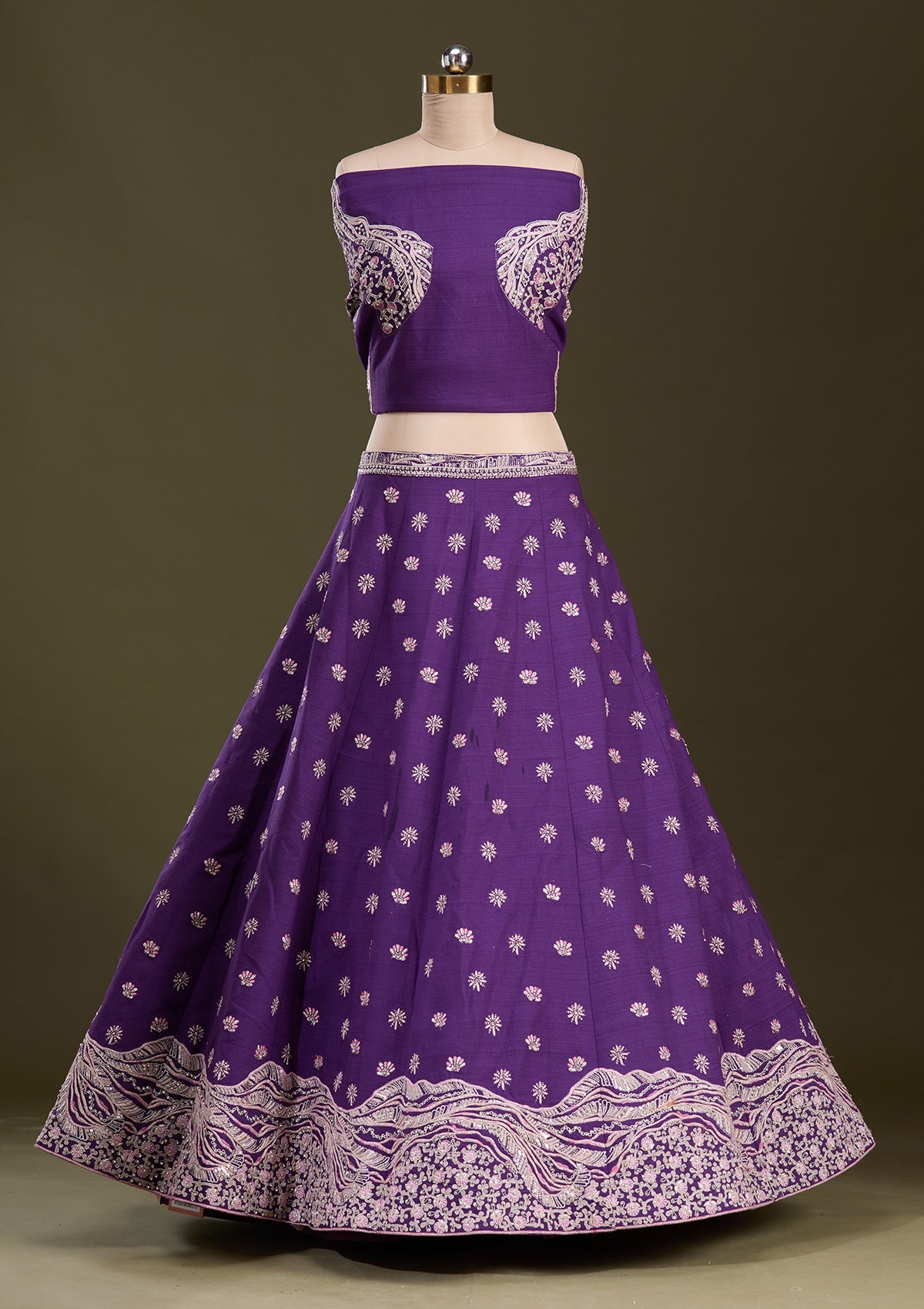 Purple Cording Raw Silk Readymade Lehenga-Koskii