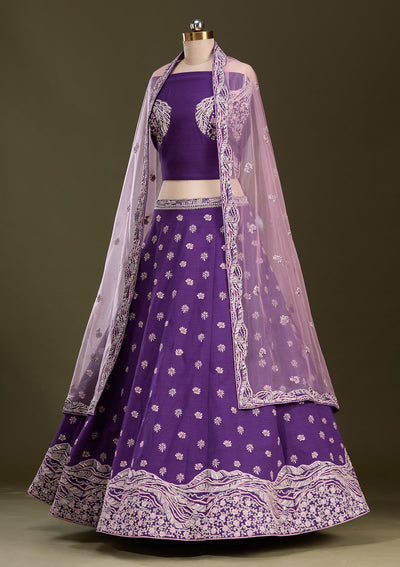 Purple Cording Raw Silk Readymade Lehenga-Koskii