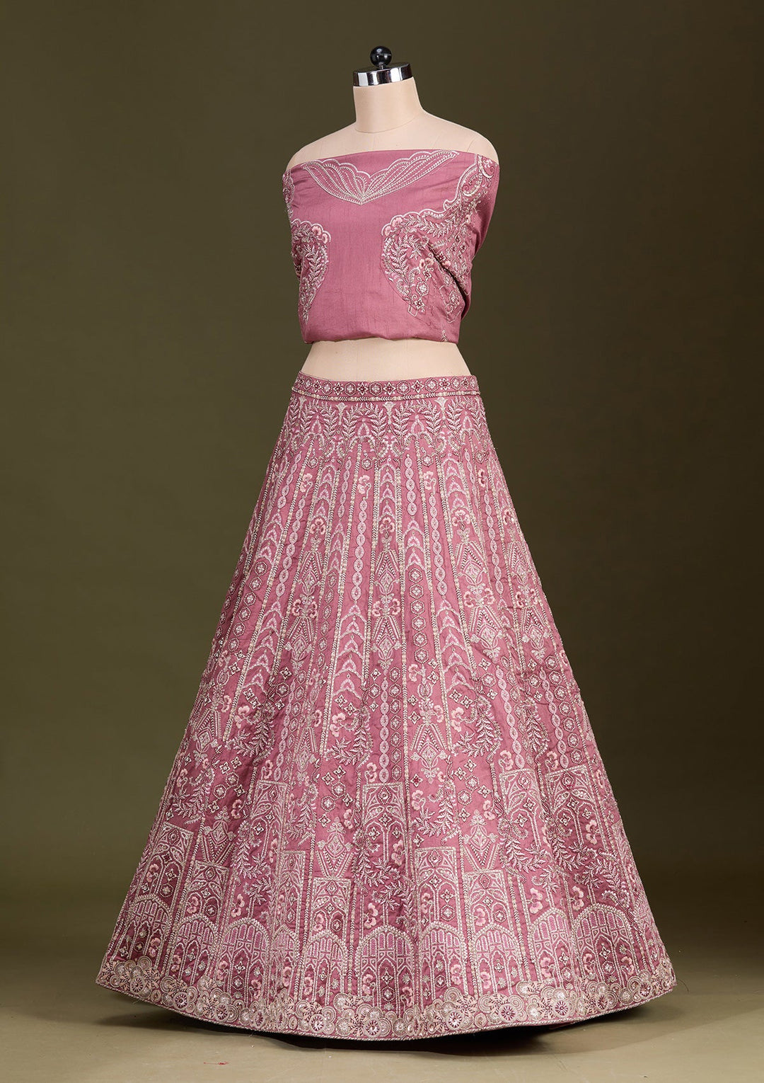 Peach Cording Raw Silk Readymade Lehenga-Koskii