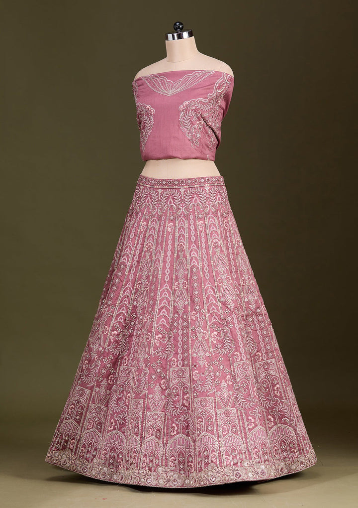 Peach Cording Raw Silk Readymade Lehenga-Koskii