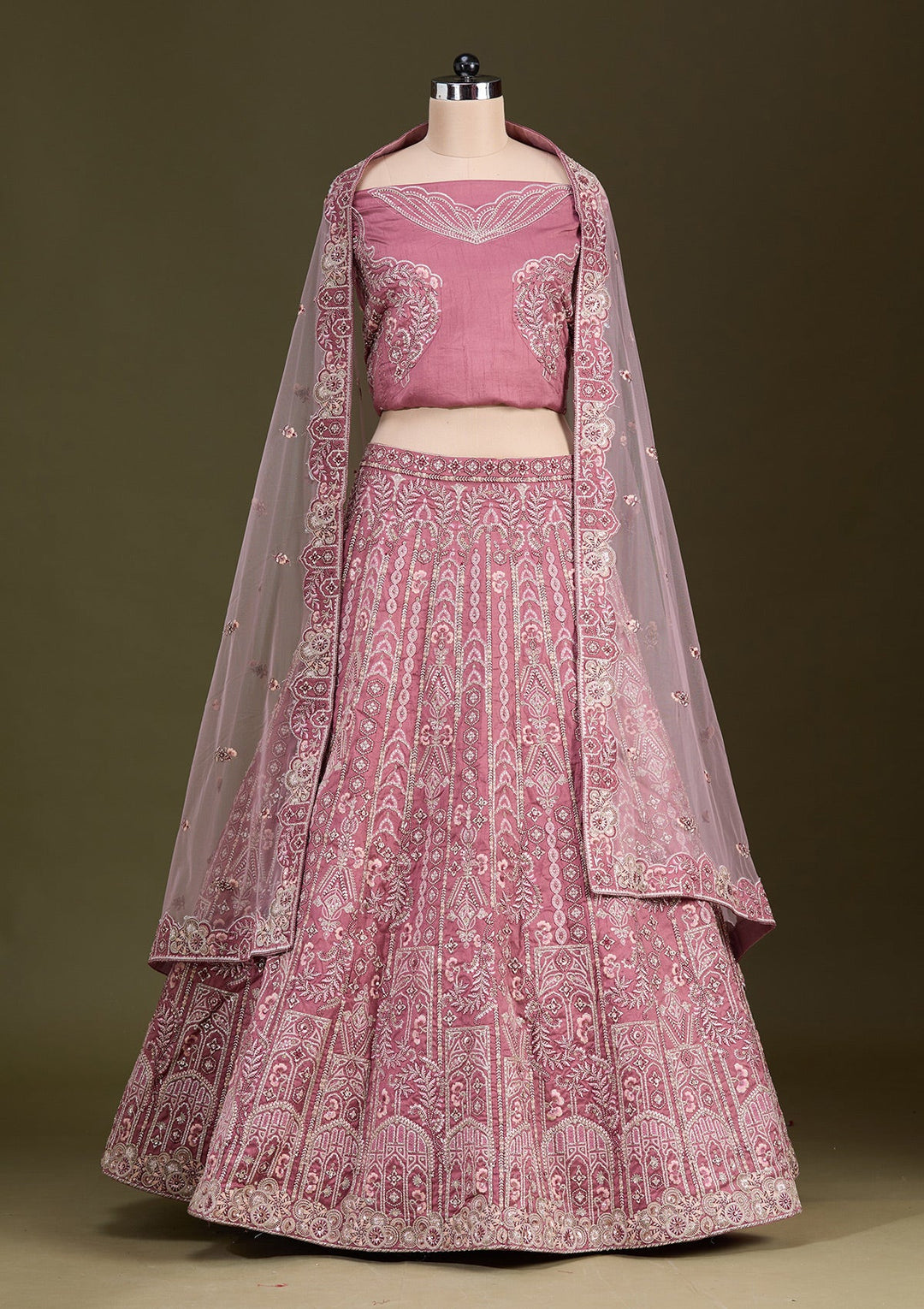 Peach Cording Raw Silk Readymade Lehenga-Koskii